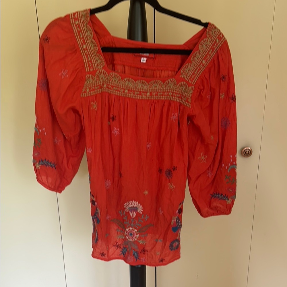 Johnny Was Red and Cream Embellished Puff Sleeve Blouse